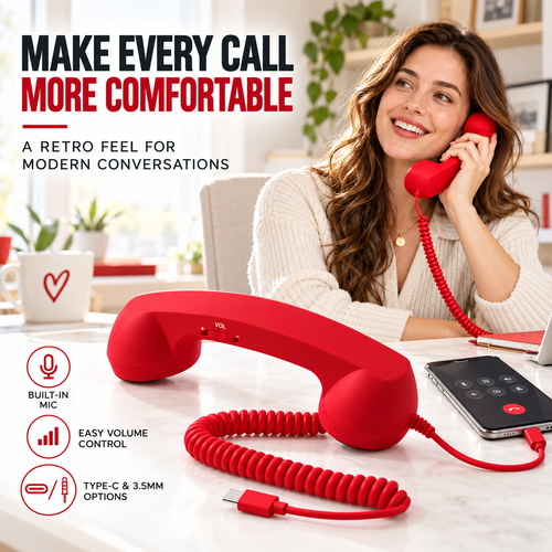 Retro Phone Handset – Type-C / 3.5mm Wired Receiver with Mic & Volume Control