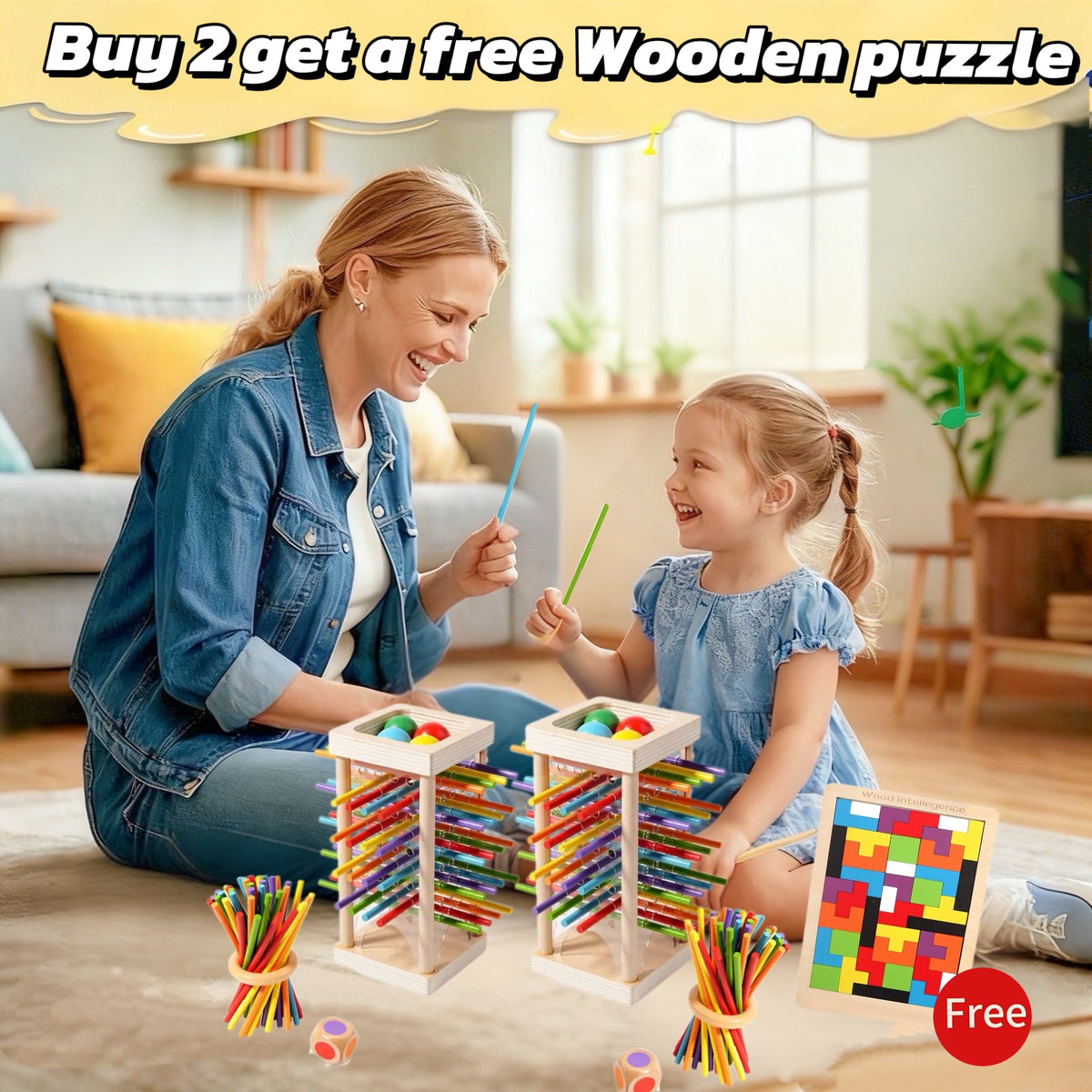 🔥Wooden Stick Game. Colorful Educational Toy for Cognitive Development & Focus Training. Includes Mixed Colors Sticks and one-level Puzzle