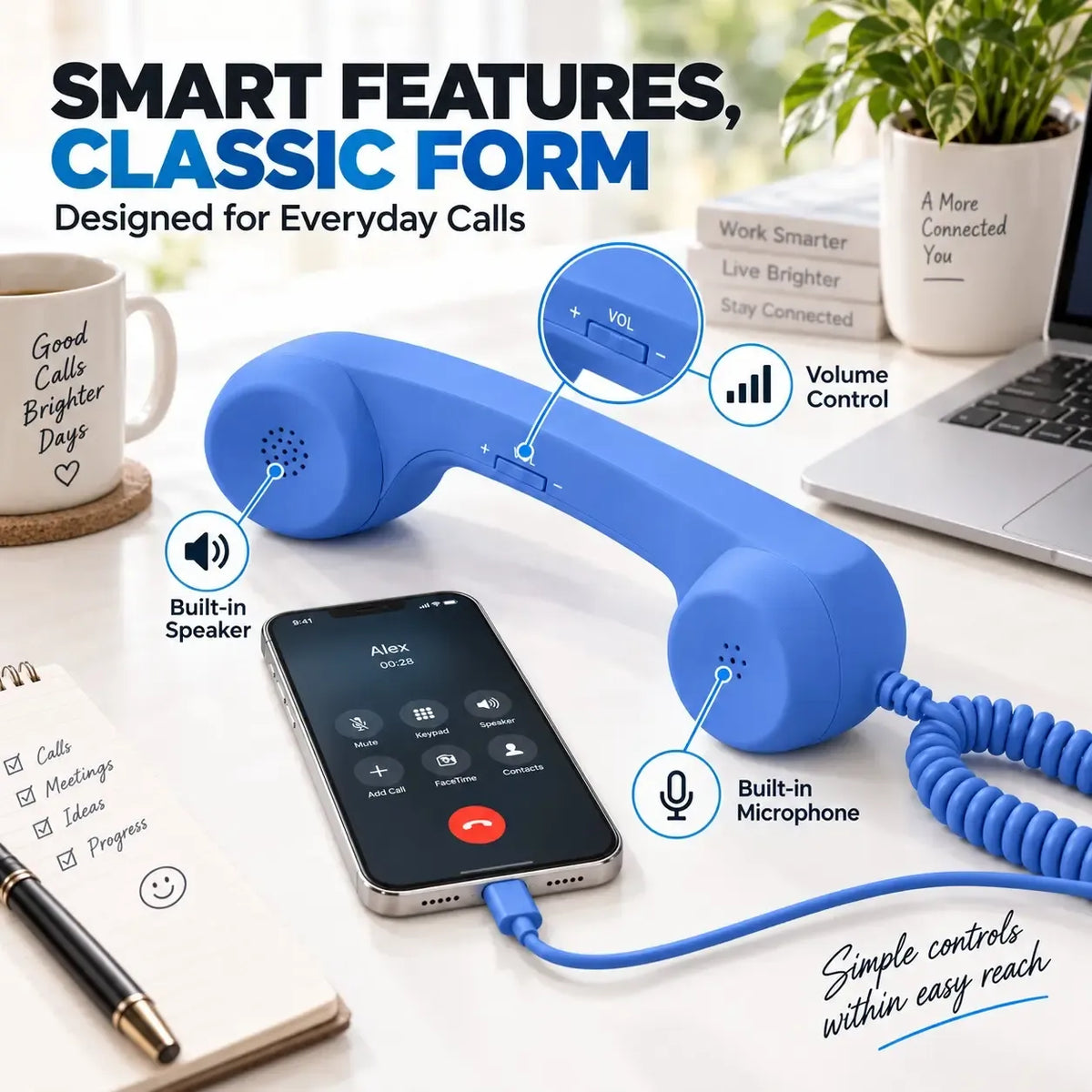 Retro Phone Handset – Type-C / 3.5mm Wired Receiver with Mic & Volume Control